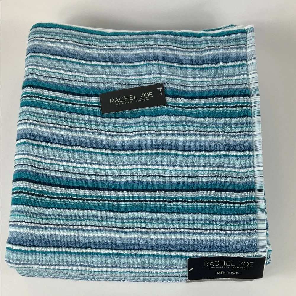 2pc Rachel Zoe Bath Towels Blue Teal White Striped Soft 100% Cotton NEW